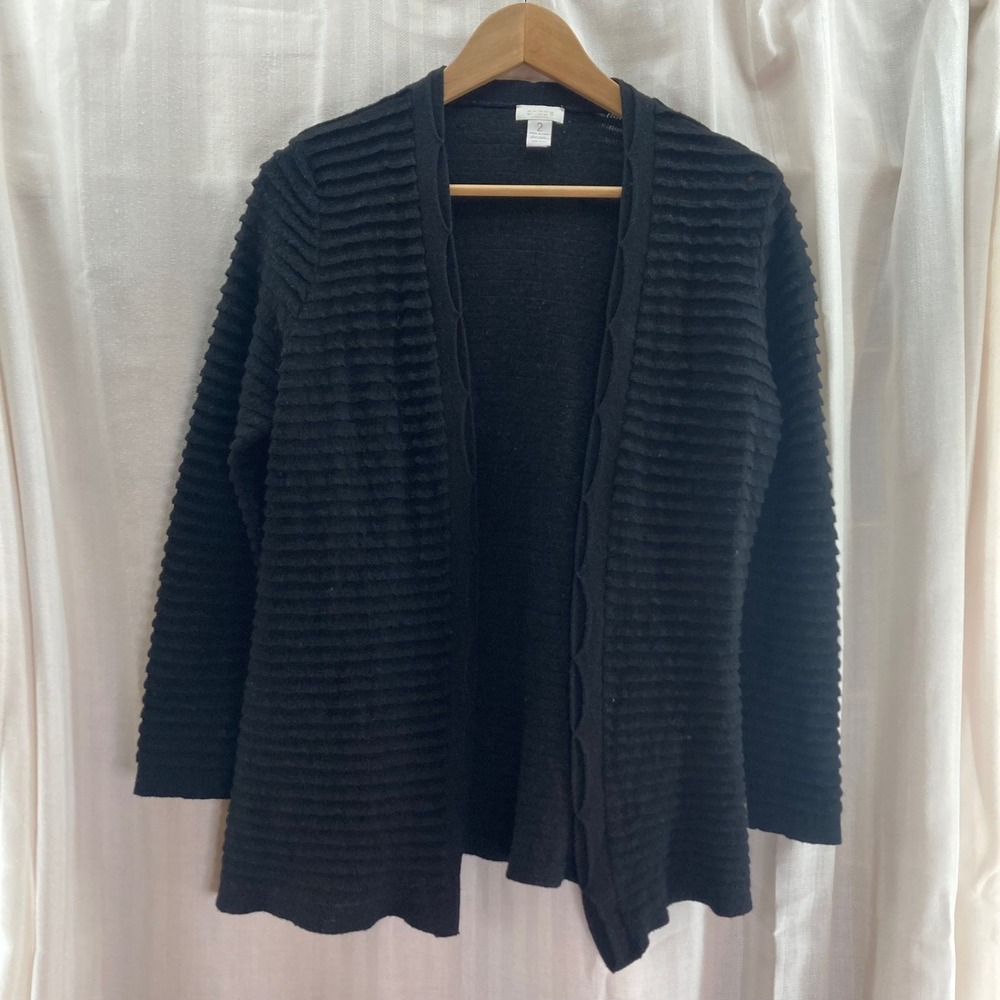 Chicos Black Textured Knit Cardigan Sweater Size 2 Wool‎ Blend Open Front flawed